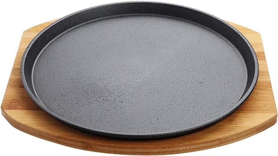 Gietijzeren Steakplaat Sizzle Pan Maaltijden Serveren Met Houten Basis 21cm Doorsnede Zwart
