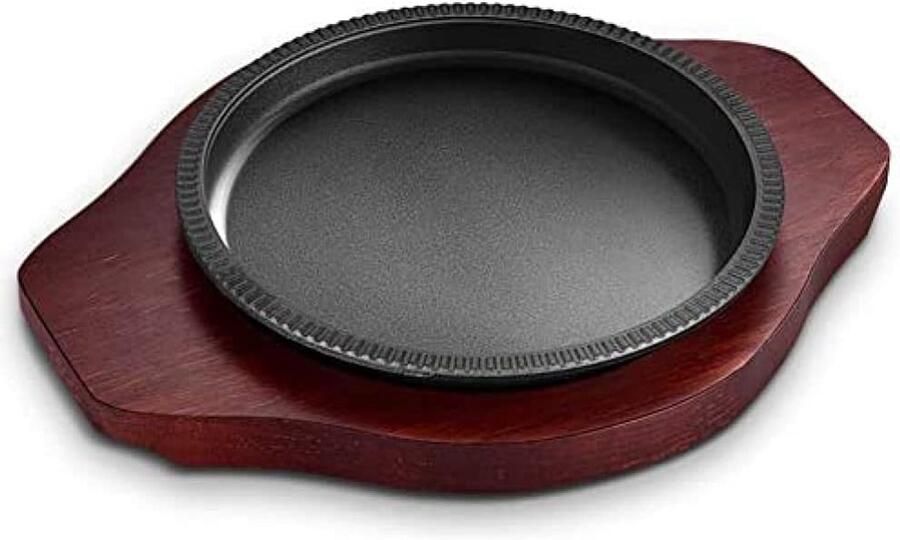 Gietijzeren Steakplaat Teppanyaki Pan Restaurant Koken Met Houten Basis 29 cm Zwart