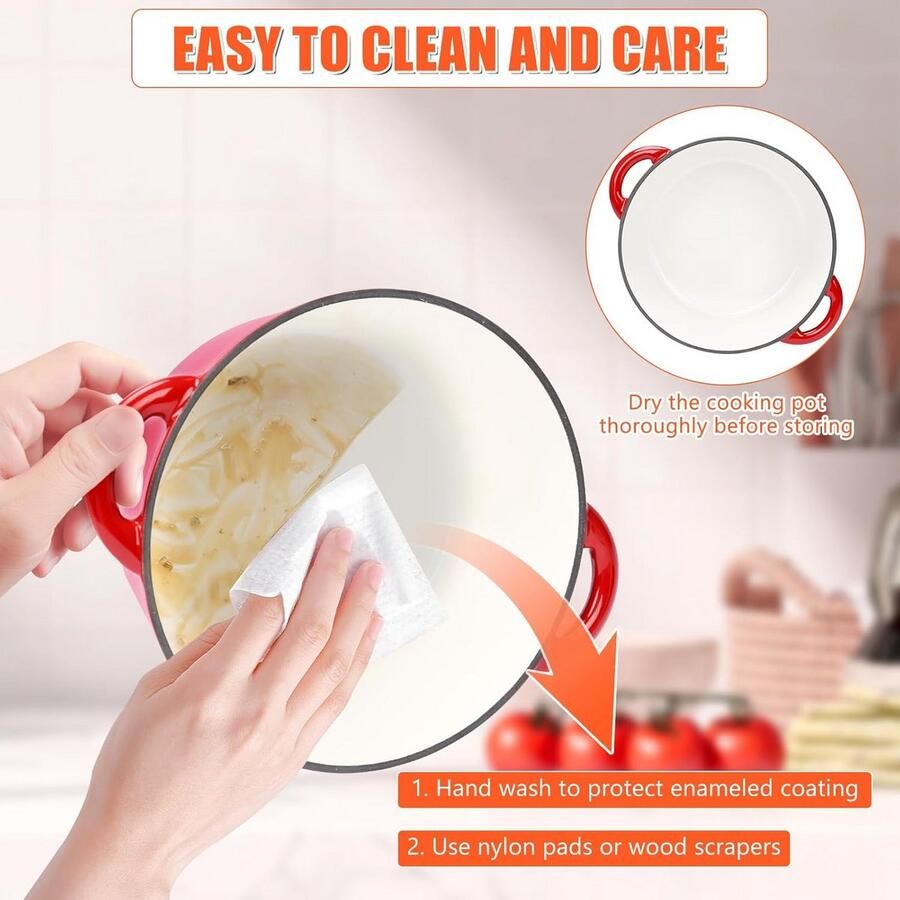 Gietijzeren Pan Stoofpan Cocotte Langzaam Garen Zelfbewaterend Deksel Ø28 cm 5.7 L Rood - Foto 2
