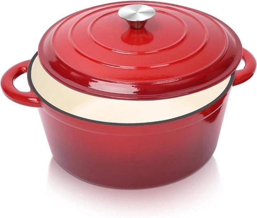 Gietijzeren stoofpan Dutch oven Brood bakken Zelfbedruipend deksel 28 cm Rood