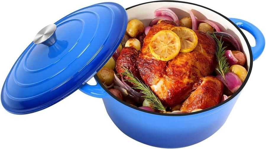 Gietijzeren Stoofpan Dutch Oven Braadpan Langzaam Garen Zelfroostend Deksel 28 cm 5.7 Liter Blauw