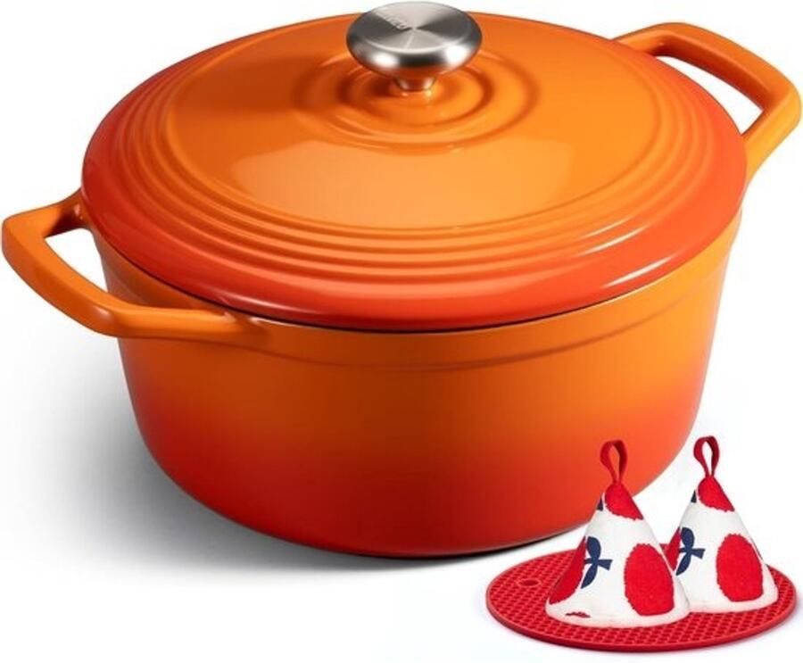 Gietijzeren stoofpan Emaille braadpan Voor langzaam garen Gelijkmatige warmteverdeling 26 cm diameter Oranje
