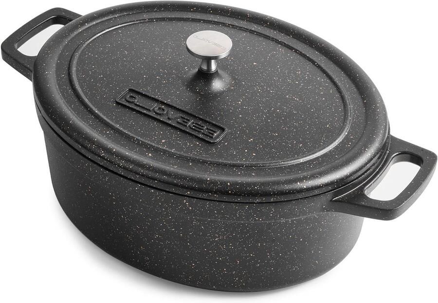Gietijzeren Stoofpan Ovale Braadpan Langzaam Garen Deksel Behoudt Temperatuur 38 cm Ovaal Zwart