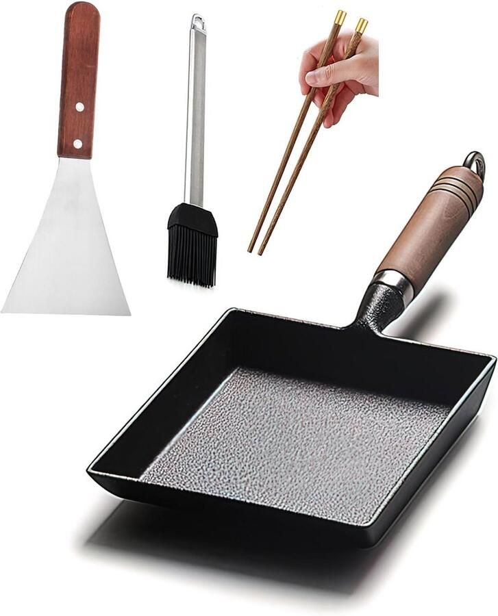 Gietijzeren Tamagoyaki Pan Rechthoekige Japanse Omelet Koekenpan met Houten Handvat