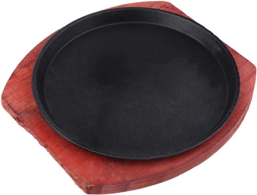 Gietijzeren Teppanyaki Plaat Fajita Skillet Steak Plaat Gegrild Eten Bereiden Met Houten Dienblad 19-29 cm Zwart