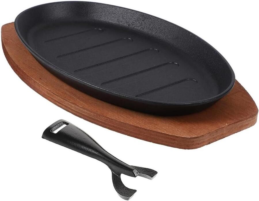 Gietijzeren Teppanyaki Plaat Grillpan Fajita Serveerschaal Binnen Grillen Sissend Oppervlak 28 cm Zwart