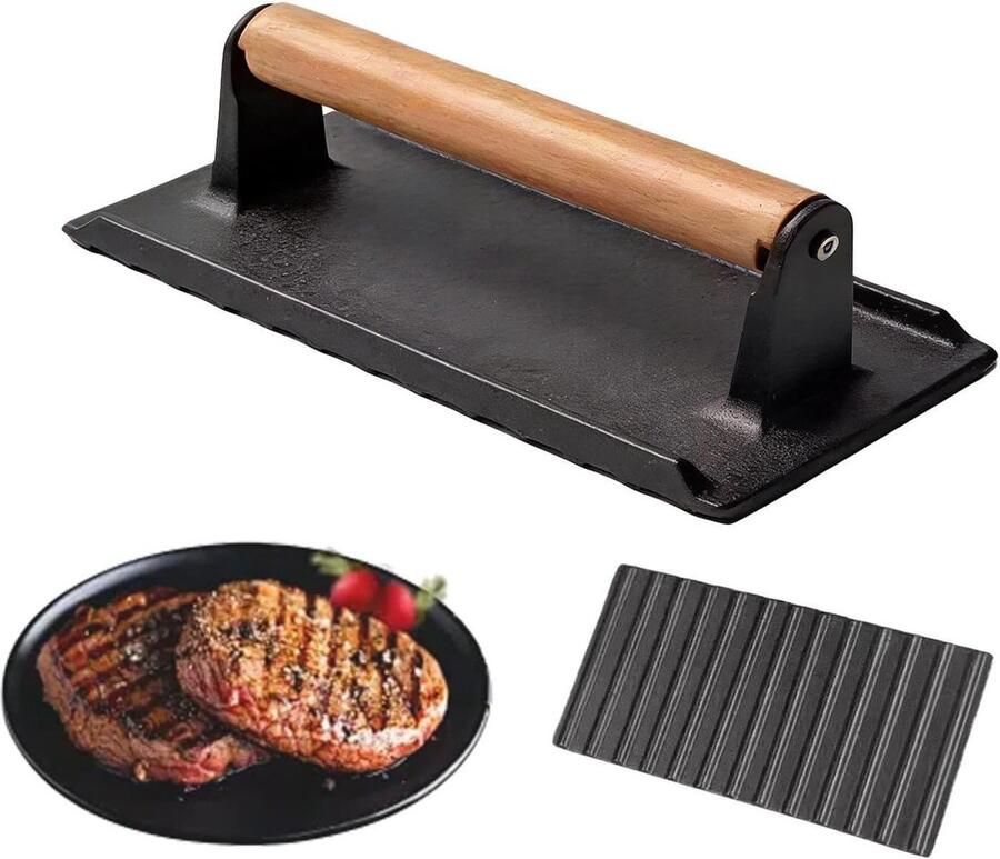 Gietijzeren Vleespers Burger Smasher Grillpers Gelijkmatig Drukken Houten Handvat 16 x 8 x 8 cm Zwart
