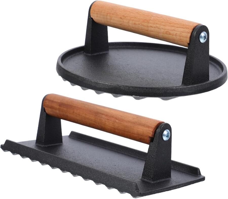 Gietijzeren Vleespers Burgerpers Gelijkmatig Garen Houten Handvat 20 x 10 x 6 cm Zwart