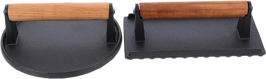 Gietijzeren Vleespers Burgerpers Platen Gelijkmatig Grillen Houten Handvat 20 x 10 x 6 cm Zwart
