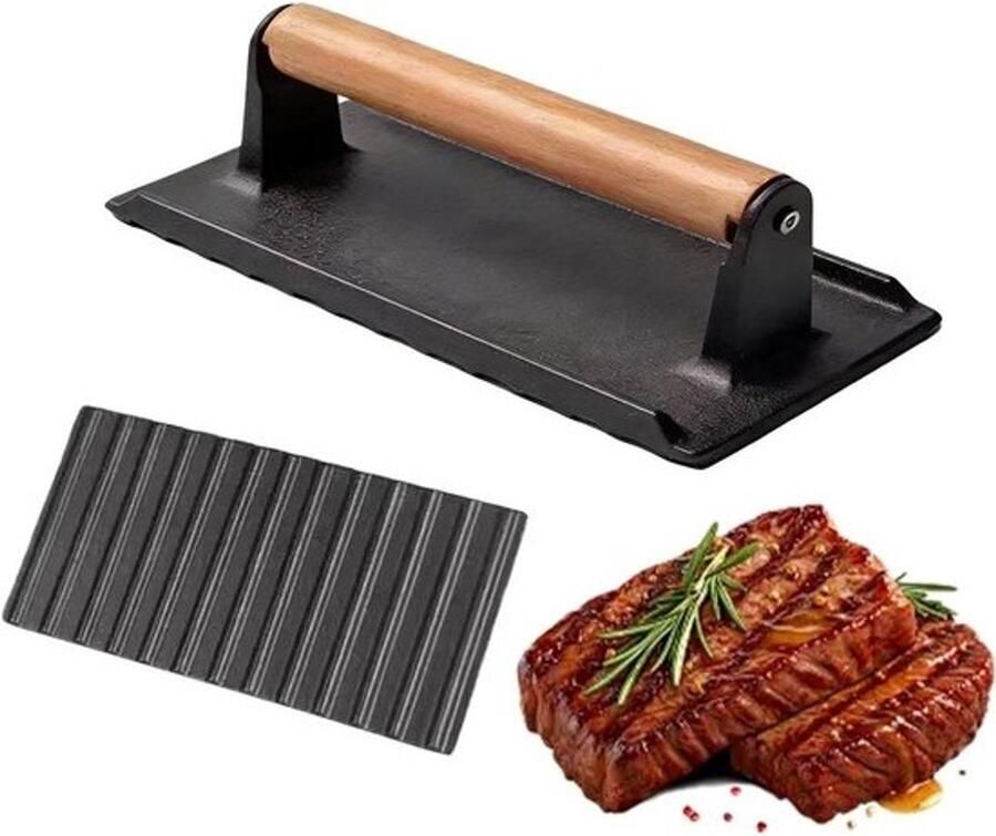 Gietijzeren vleespers Grill- en burgerpers Oefent gelijkmatige druk uit Groot rechthoekig oppervlak 16 x 8 x 8 cm