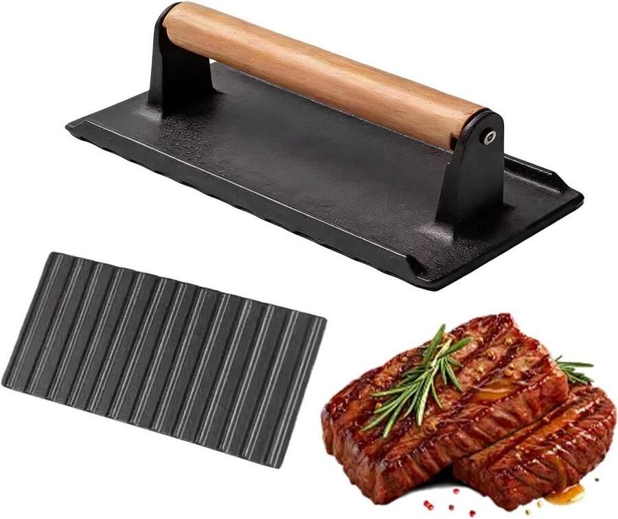 Gietijzeren Vleespers Burger Pers Grill Maaltijdbereiding Koken Zelfnivellerend 16 x 8 x 8 cm Zwart