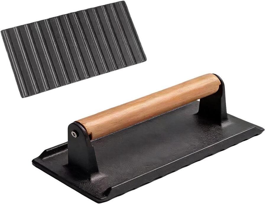 Gietijzeren Vleespers Grillpers Keukenaccessoire Vlees Gelijkmatig Grillen Houten Handgreep 16 x 8 x 8 cm Zwart