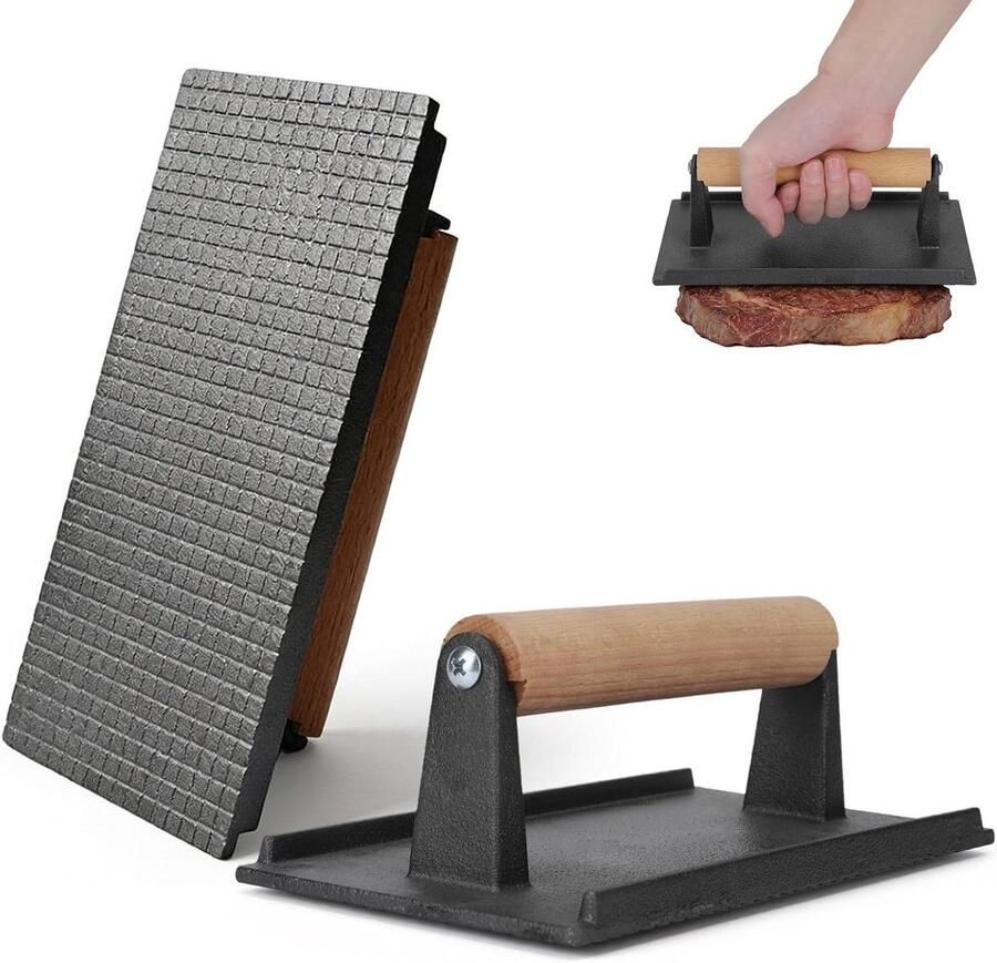 Gietijzeren Vleespers Hamburgerpers Baconpers BBQ Grillen Zwaar Gietijzer 21 x 12 x 7.5 cm Zwart