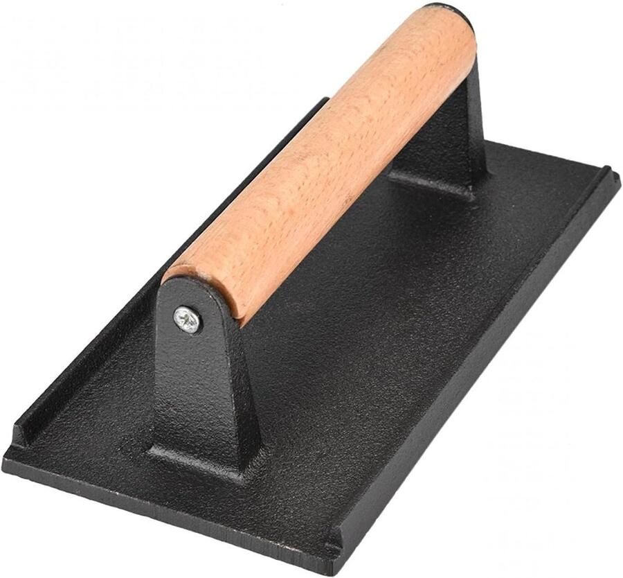 Gietijzeren Vleespers Hamburgerpers Bakplaat Vlees Grillen Koelblijvend Hout Handvat 20.5 x 10.5 cm Zwart