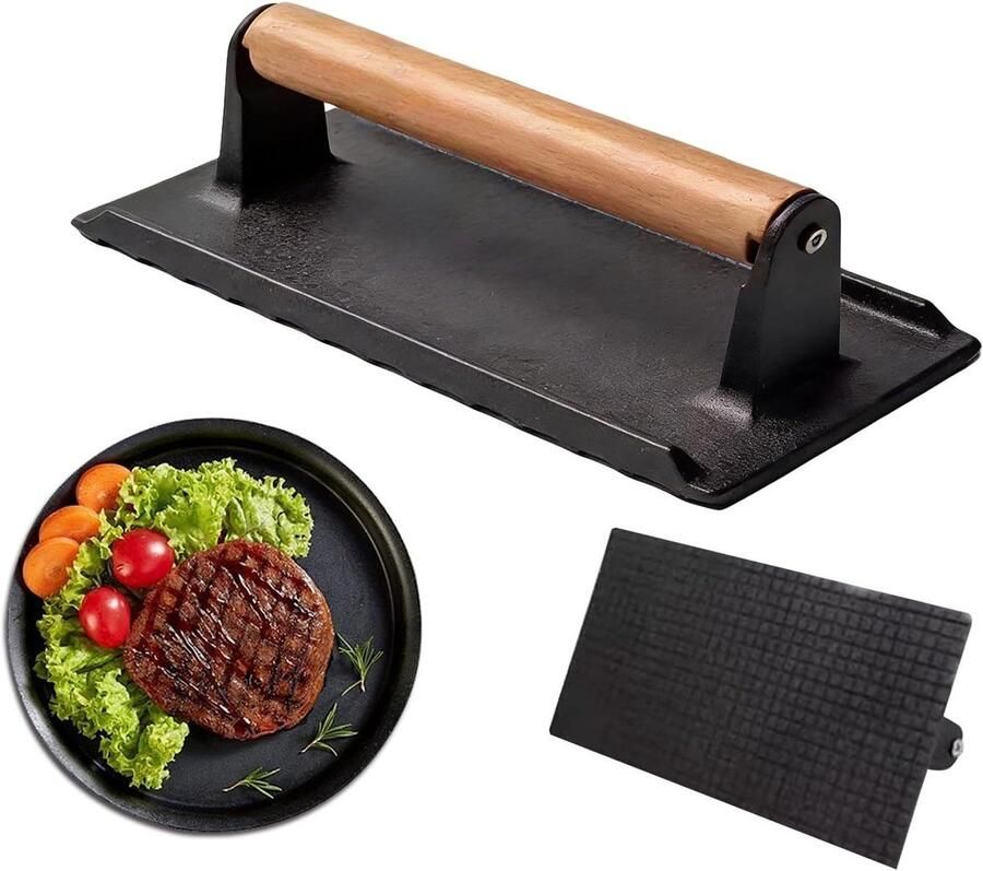 Gietijzeren Vleespers Rechthoekige Burgerpers Gelijkmatig Grillen Houten Handvat 16 cm Zwart
