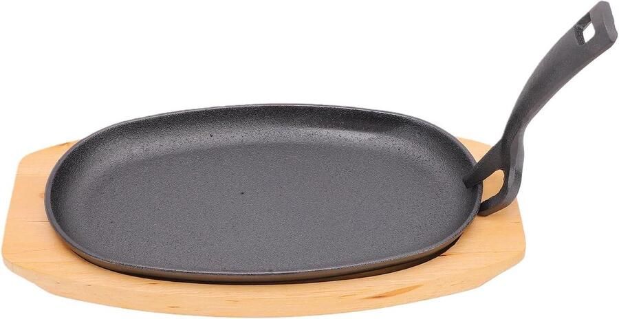 Gietijzeren Wafelijzer Koekenpan Set Warme Maaltijden Serveren Inclusief Houten Dienblad 24x14 cm Zwart