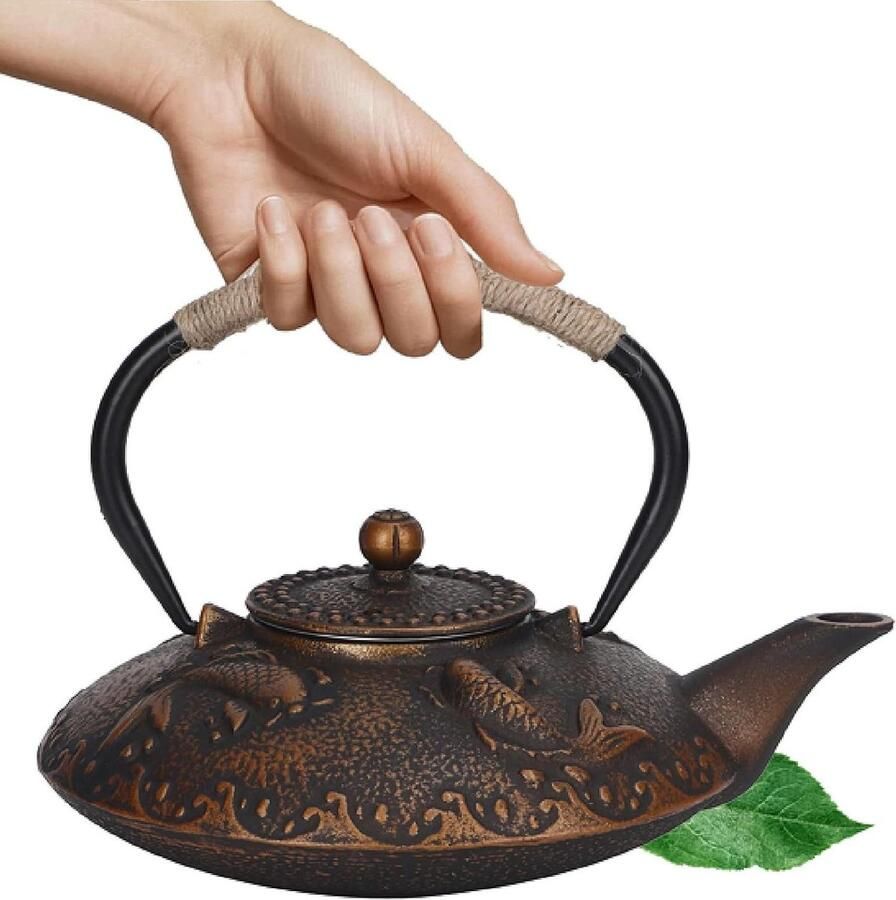 Gietijzeren Waterkoker Japanse Theepot Thee Zetten Koi Vis Patroon 09 Liter Goud