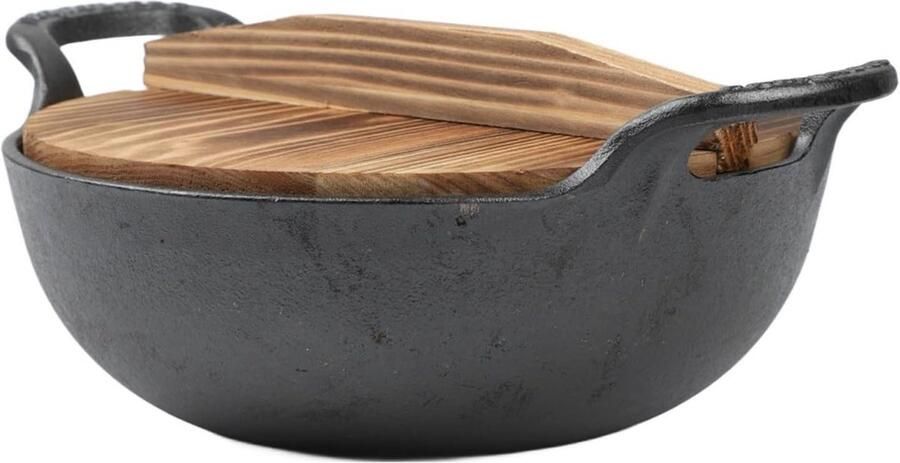 Gietijzeren Wok Braadpan Veelzijdig Koken Platte Bodem 20 cm Zwart