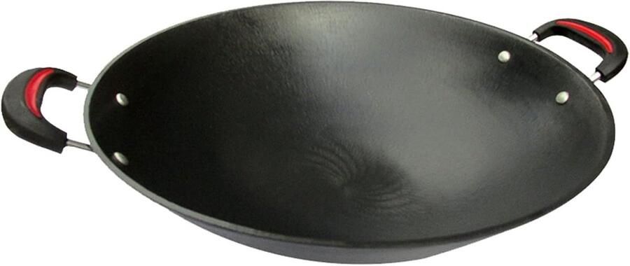 Gietijzeren Wok Dubbele oor pan Koken en roerbakken Natuurlijke anti-aanbaklaag 36 cm Zwart