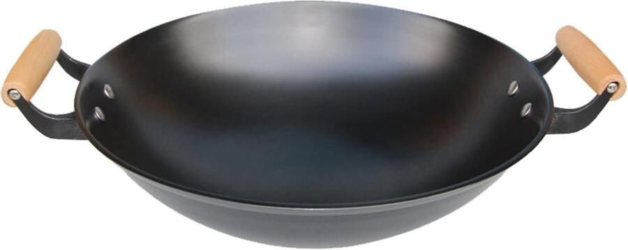 Gietijzeren Wok Grote Ronde Pot Koken en Braden Traditioneel Dubbel Oorhandvat 42cm Diameter Zwart