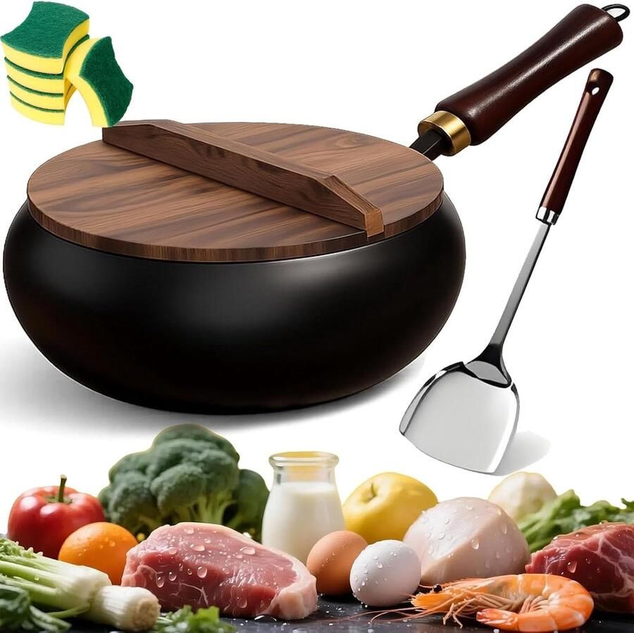 Gietijzeren Wok Japanse Koekenpan Authentiek Koken Natuurlijke Antiaanbaklaag 24 cm Diameter Zwart