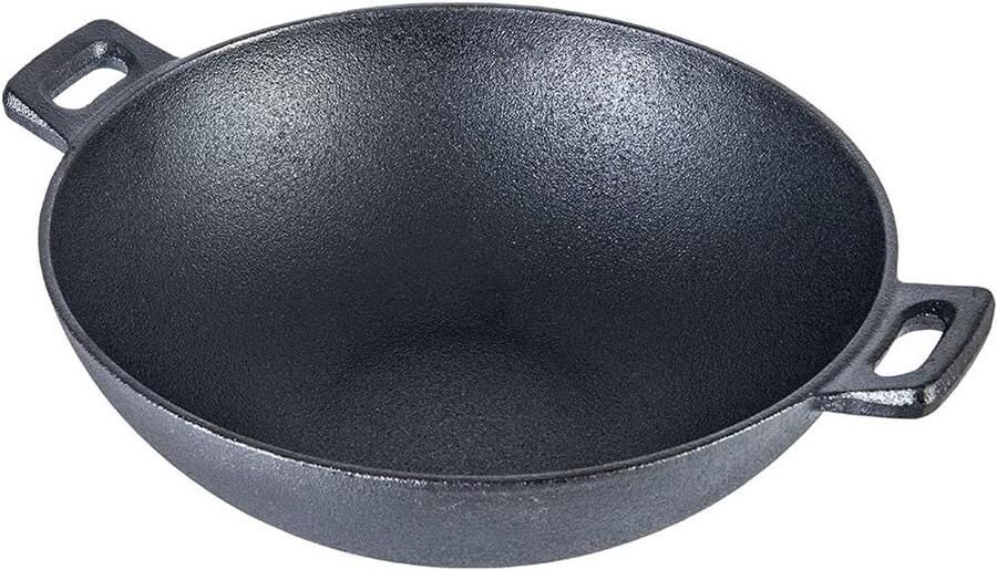 Gietijzeren Wok Kadhai Pan Gezond Koken Voorgebrand met plantaardige olie 24 cm Zwart