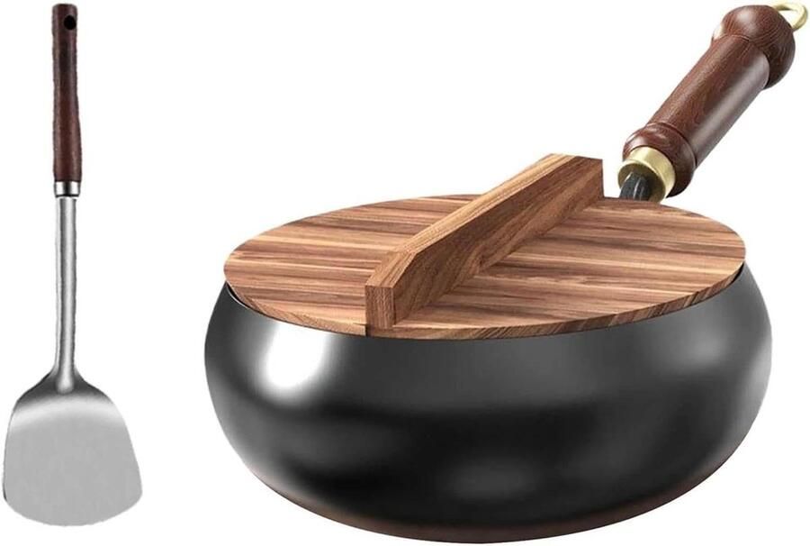 Gietijzeren Wok Koekenpan Authentiek Koken Natuurlijk Antiaanbak 24cm Zwart