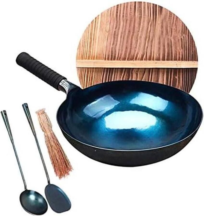 Gietijzeren Wok Koekenpan Aziatisch Koken Handgehamerd Ontwerp 30 cm Zwart