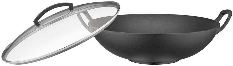Gietijzeren Wok Koekenpan Aziatisch Koken Inclusief Glasdeksel 38 cm Zilver