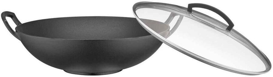 Gietijzeren Wok Koekenpan Aziatisch Koken Met Glazen Deksel 38.8 cm Zilver