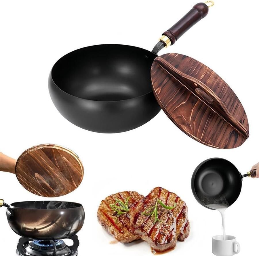 Gietijzeren Wok Koekenpan Gezond Koken Handgesmeed Koolstofstaal 24 cm Zwart