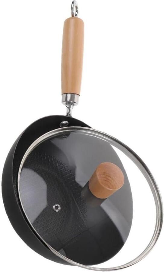 Gietijzeren Wok Koekenpan met deksel Koken voor singles Natuurlijke anti-aanbaklaag 41.5 cm Zwart