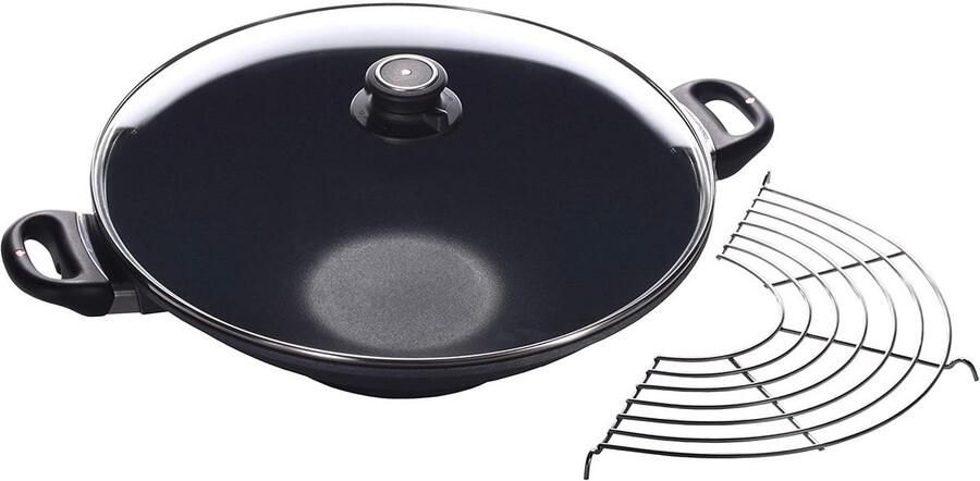 Gietijzeren Wok Koekenpan met deksel Roerbakken en Koken Duurzame antiaanbaklaag 36 cm Grijs Zwart