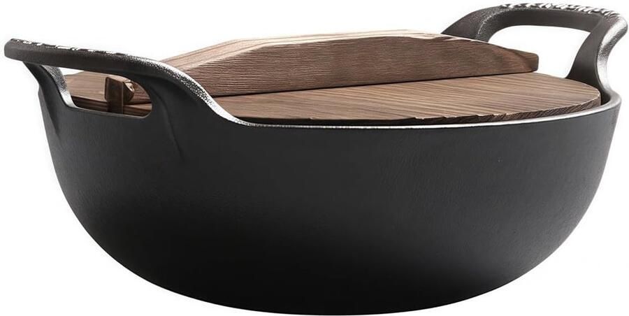 Gietijzeren wok Koekenpan met handgrepen Veelzijdig koken Platte bodem inductie 20 cm diameter Zwart