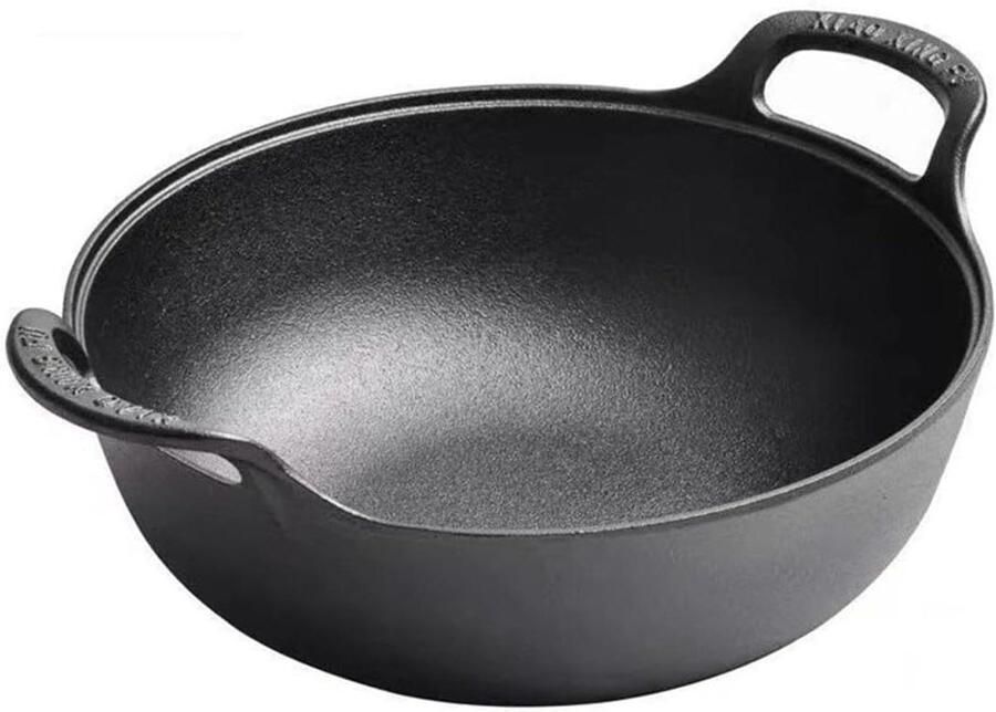 Gietijzeren wok Koekenpan platte bodem Thuis koken Gelijkmatige warmteverdeling 20 cm diameter Zwart
