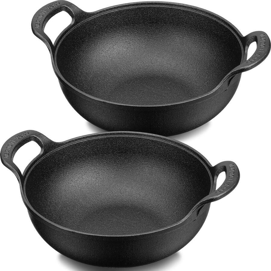 Gietijzeren Wok Koekenpan Roerbakken en Grillen Natuurlijke Antiaanbaklaag 2 Sets 25cm Zwart