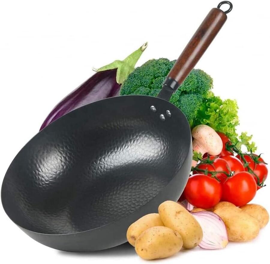 Gietijzeren wok Koekenpan Roerbakken en koken Antiaanbaklaag 32 cm diameter Zwart