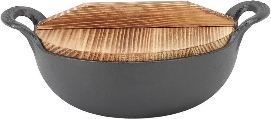 Gietijzeren Wok Koekenpan Ronde Bodem Authentiek Aziatisch Koken Platte Stabiele Bodem 35 cm Diameter Zwart