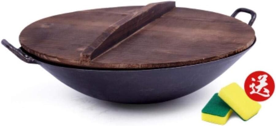 Gietijzeren Wok Koekenpan Thuis Koken Versterkte Antiaanbaklaag 36 cm Zwart