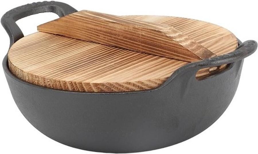 Gietijzeren wok Koekenpan Voor Aziatisch koken Platte stabiele bodem 20 cm diameter Zwart