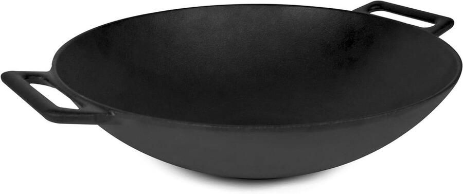 Gietijzeren Wok Koekenpan Wok Koken op Inductie Vooraf Gekruid 30 cm Diameter Zwart