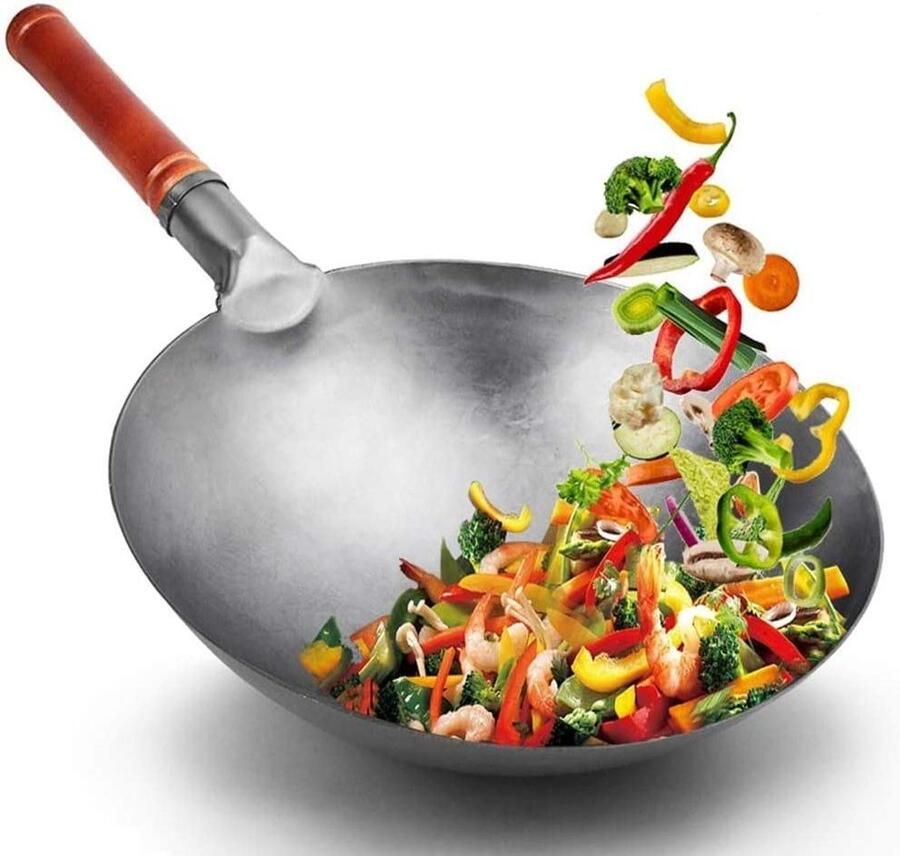 Gietijzeren Wok Kookpot Koekenpan Koken op Gas Handgemaakt Oppervlak 32 cm Zwart