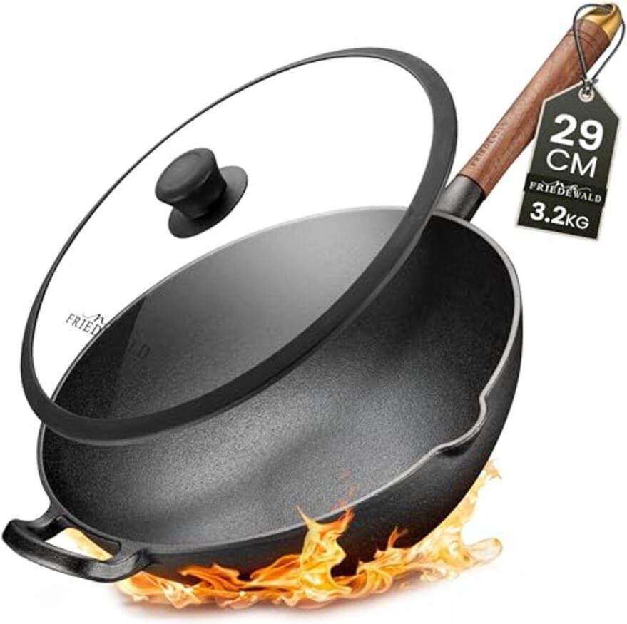Gietijzeren wok met deksel – Geschikt voor inductie en alle soorten kookplaten – 29 cm voor 2–4 personen – Anti-aanbaklaag