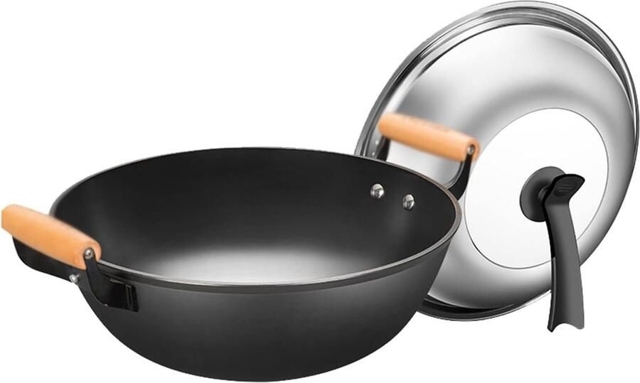 Gietijzeren Wok Oosterse Pan Lekker Koken Met Deksel 30 cm Zwart