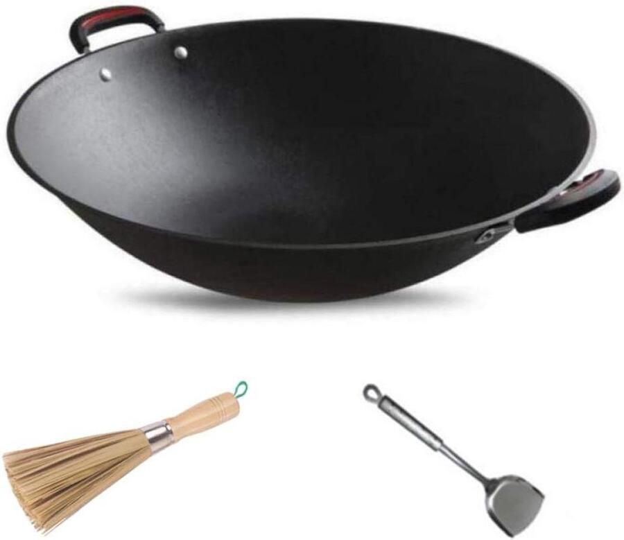 Gietijzeren Wok Pan Koekenpan Ronde Bodem Koken Buiten Hand Gevormd Gietijzer 40 cm Zwart