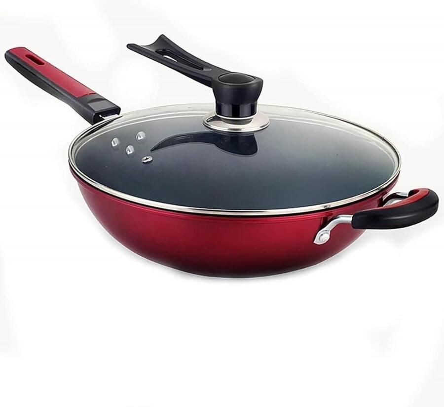 Gietijzeren Wok Pan Koekenpan Wok Roerbakken en Grillen Anti-aanbaklaag 34 cm Zwart