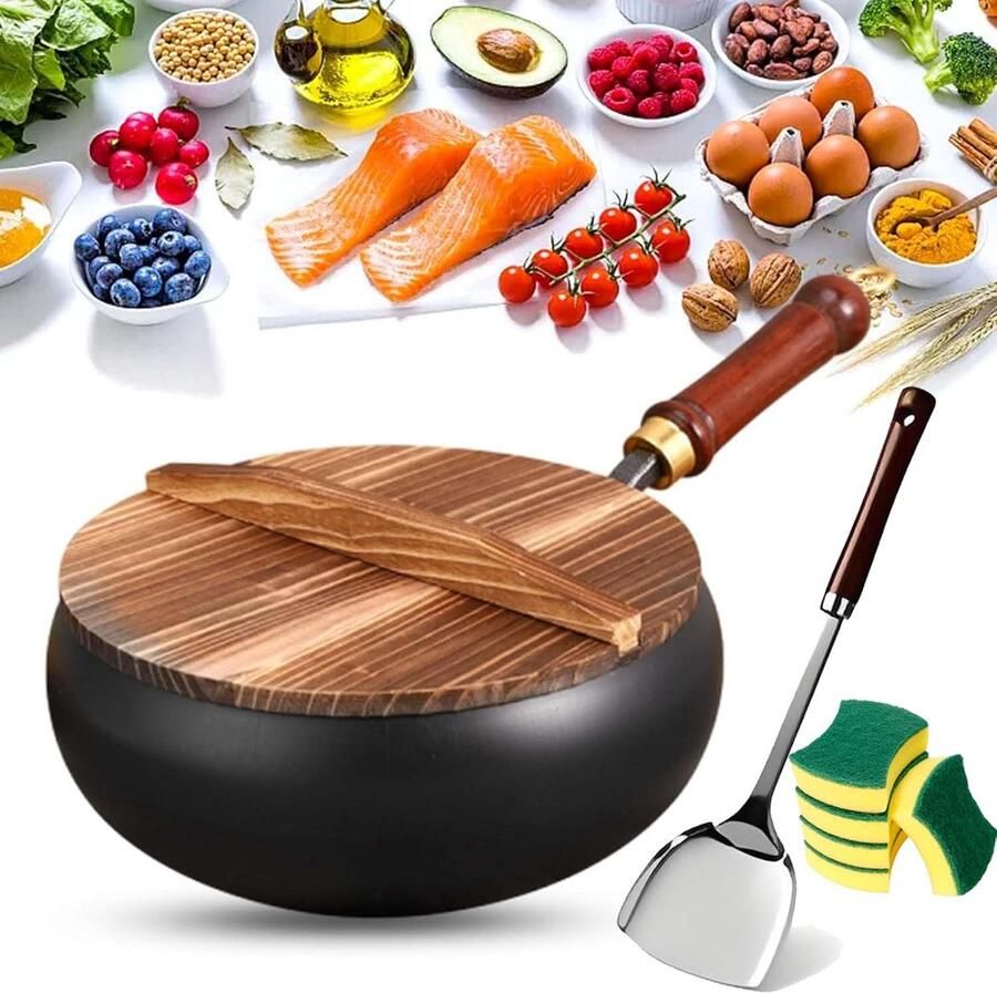 Gietijzeren Wok Pan Kookpot met deksel Aziatisch Koken Natuurlijk Antiaanbaklaag 26cm Diameter Zwart met Hout