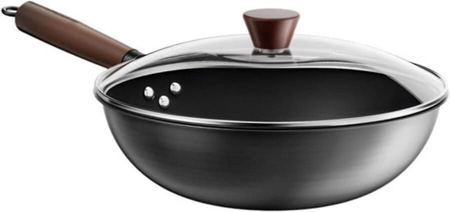 Gietijzeren wok Roerbak- en koekenpan Veelzijdig koken Handgehamerd ontwerp 30 cm Zwart