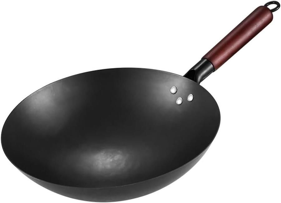 Gietijzeren Wok Roerbakpan Gezond Koken Handgemaakt 30cm Zwart
