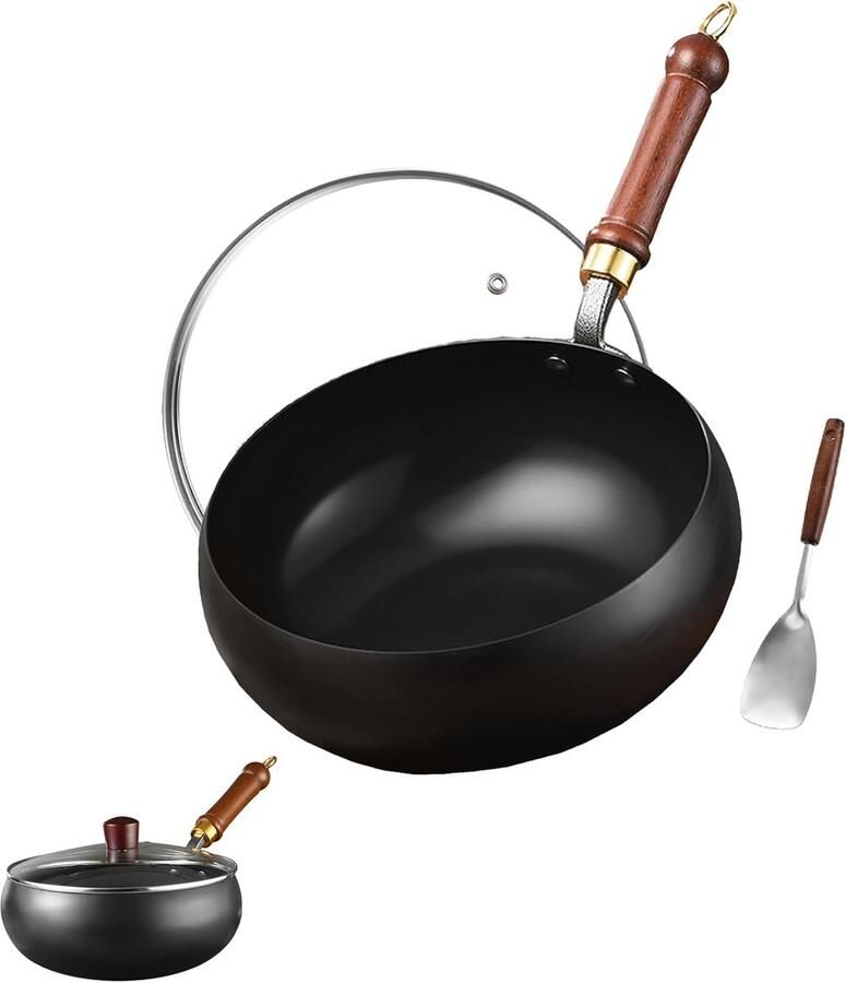 Gietijzeren Wok Roerbakpan Gezond Koken Handgesmeed Ontwerp 28 cm Zwart